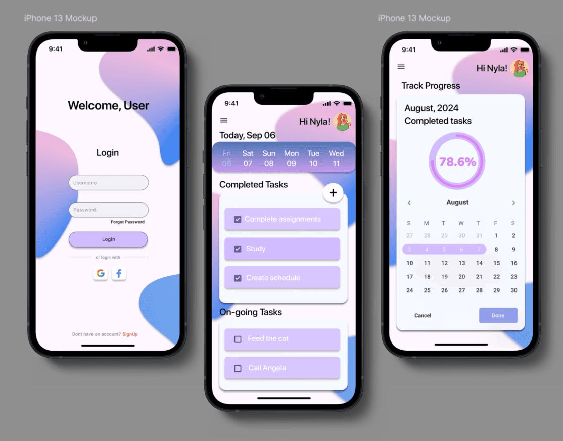 TaskFlow task management app screens on three phone mockups