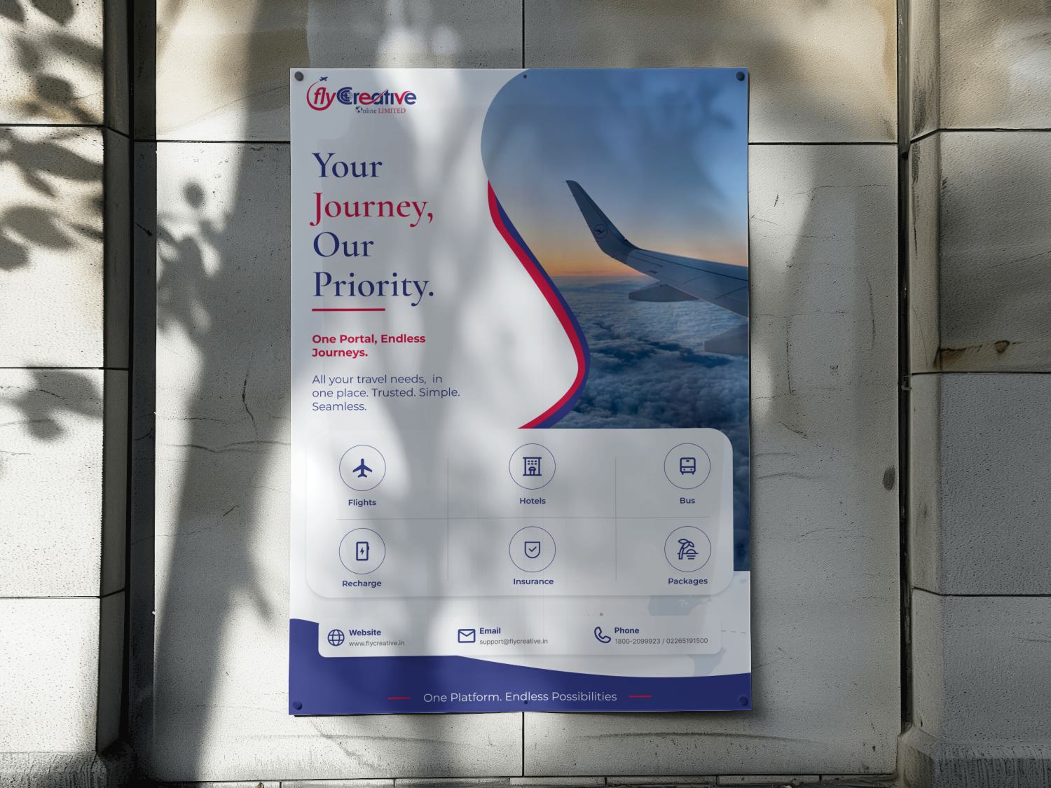 FlyCreative airline brochure poster mounted on a tiled wall