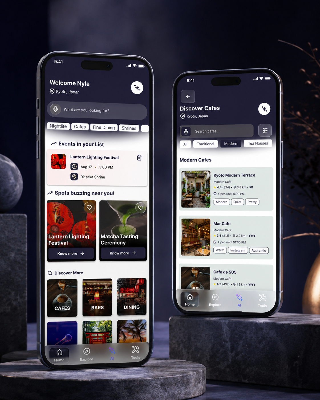 WanderWise travel app shown on two floating smartphones